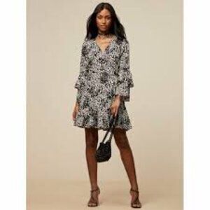 Scoop Black White Animal Print Ruffle Bell Sleeve Rayon Wrap Dress Sz S (4-6)